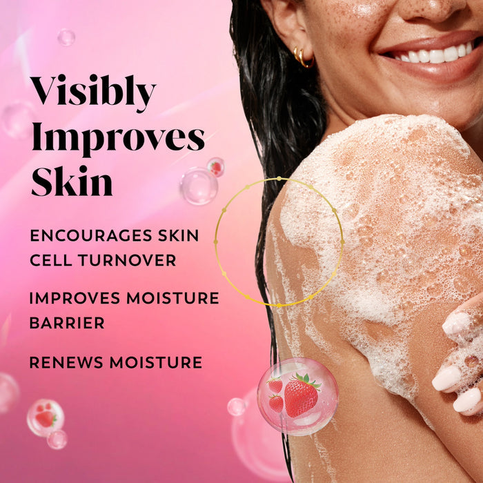 Model posing lathering body wash on skin. Visibly improves skin. Encourages skin cell turnover. Improves moisture barrier. Renews moisture.
