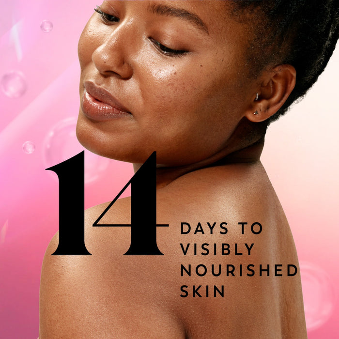 Model posing. 14 days to visibly nourished skin.