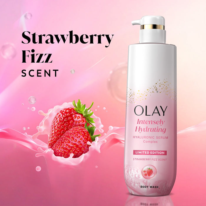 Olay Intensely Hydrating Body Wash, Strawberry bottle. Strawberry fizz scent.