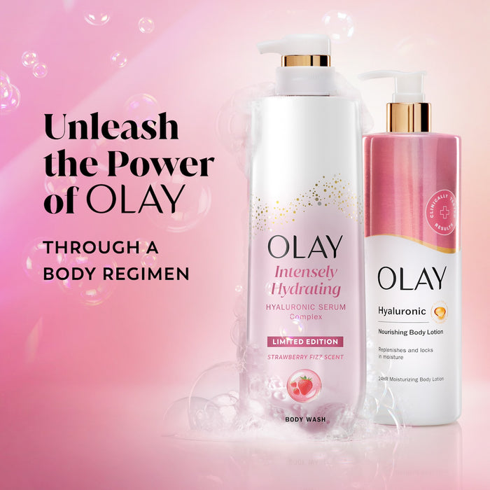 Olay Intensely Hydrating Body Wash, Strawberry bottle and hyaluronic nourishing body lotion bottle. Unleash the power of Olay through a body regimen.