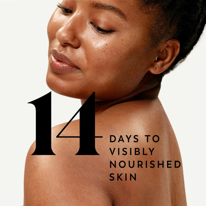 Model posing. 14 days to visibly nourished skin.
