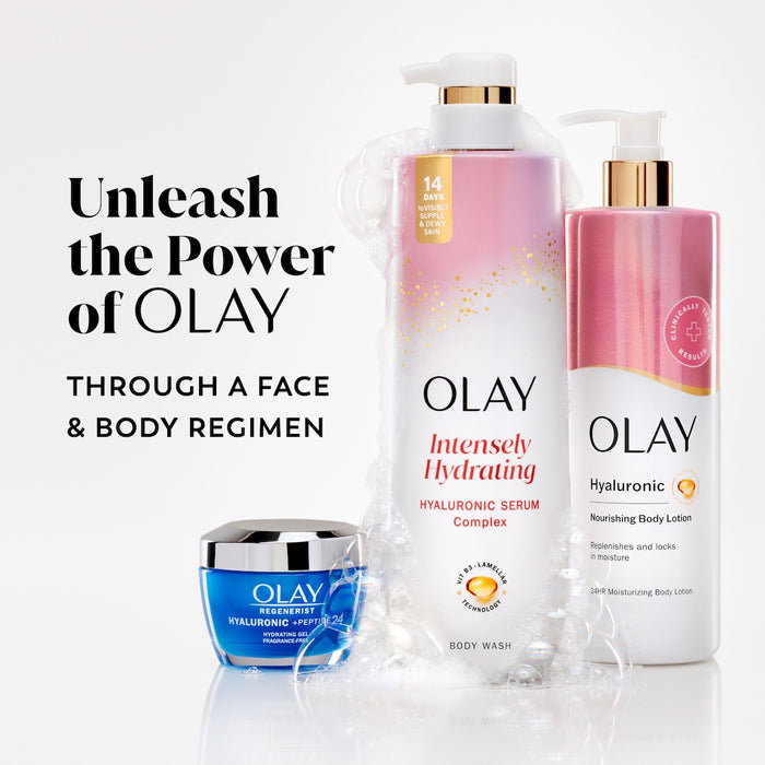 Unleash the power of Olay through face and body regimen. Olay Hyaluronic Face moisturizer jar, Intensely Hydrating Hyaluronic Serum complex body wash bottle, Hyaluronic nourishing body lotion bottle.