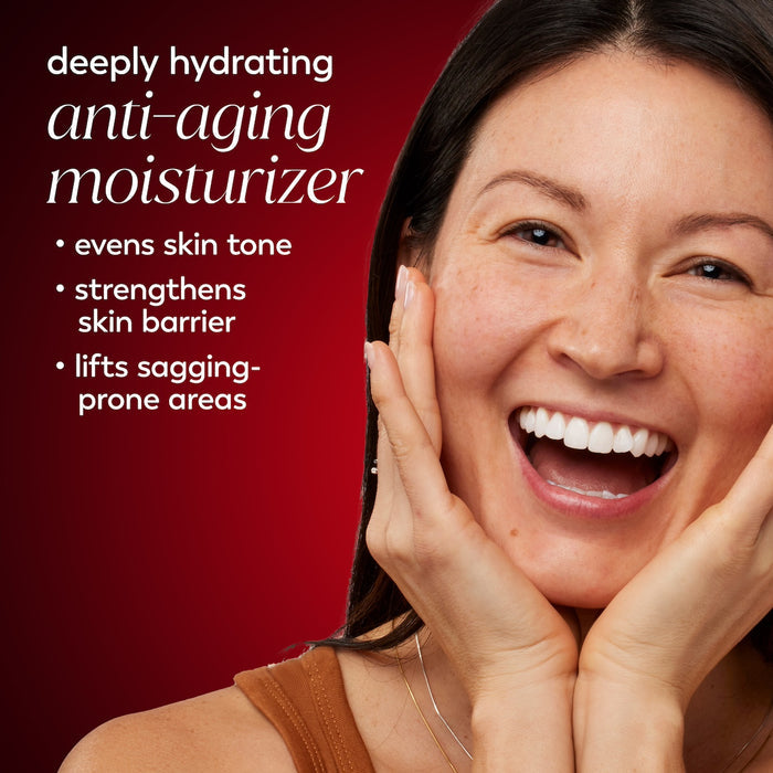 Model posing and smiling. Deeply hydrating anti aging moisturizer. Evens skin tone, strengthens skin barrier, lifts sagging prone areas.