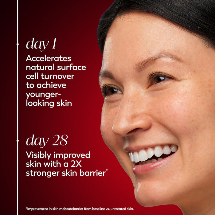 Model posing and smiling. Day 1 accelerates natural surface cell turnover to achieve younger looking skin. Day 28 visibly improved skin with a 2x stronger skin barrier* *improvement in skin moisture barrier from baseline vs. untreated skin