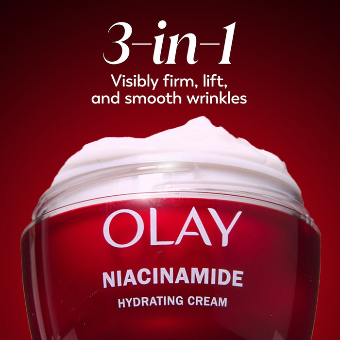 Olay Niacinamide Hydrating Cream jar. 3 in 1. Visibly firm, lift, and smooth wrinkles