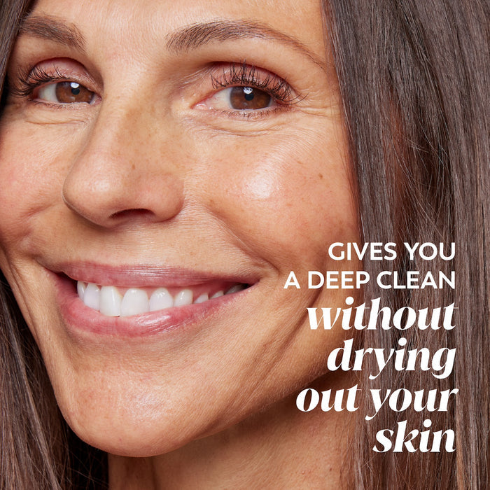 Model smiling. Gives you a deep clean without drying out your skin