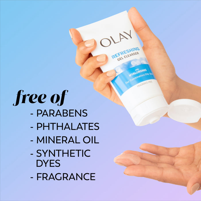 Squeezing Hyaluronic cleanser into hand from bottle. Free of parabens, phthalates, mineral oil, synthetic dyes, fragrance