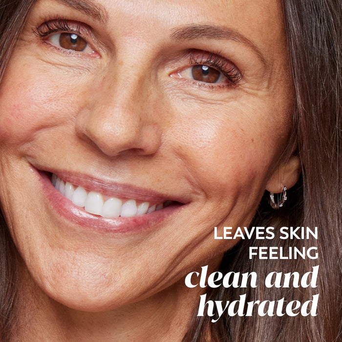 Model smiling. Leaves skin feeling clean and hydrated
