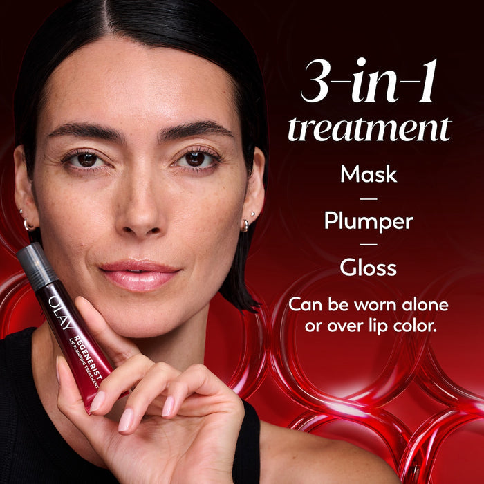 Model posing with Regenerist Lip Plumping Treatment in hand. 3 in 1 treatment mask plumper gloss. Can be worn alone or over lip color
