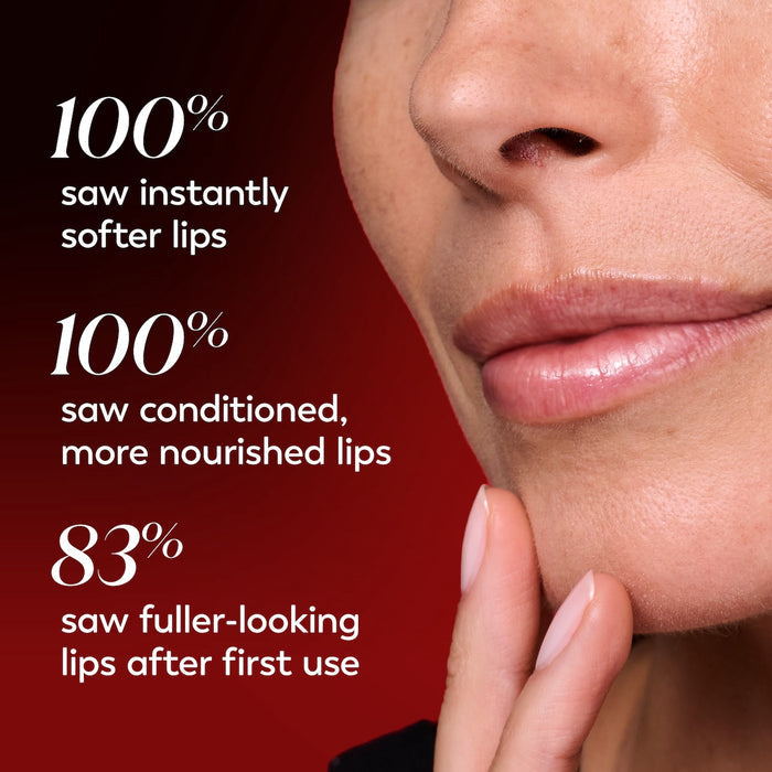 Model posing. 100% saw instantly softer lips. 100% saw conditioned, more nourished lips, 83% saw fuller looking lips after first use.
