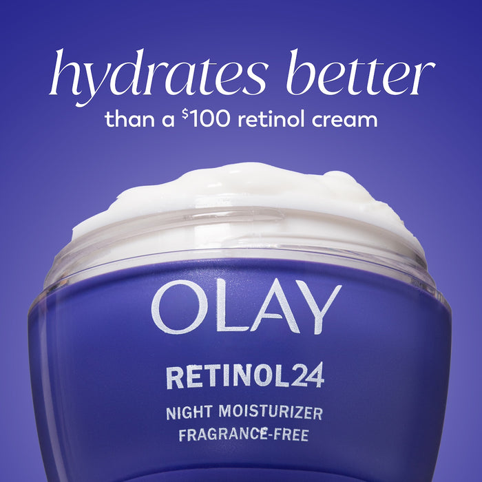 Olay Retinol 24 MAX Night Moisturizer cream jar. Hydrates better than a $100 retinol cream