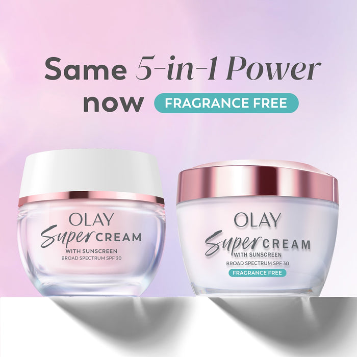 Olay Super Cream fragrance free jar and Olay Super Cream jar. Same 5 in 1 power now fragrance free