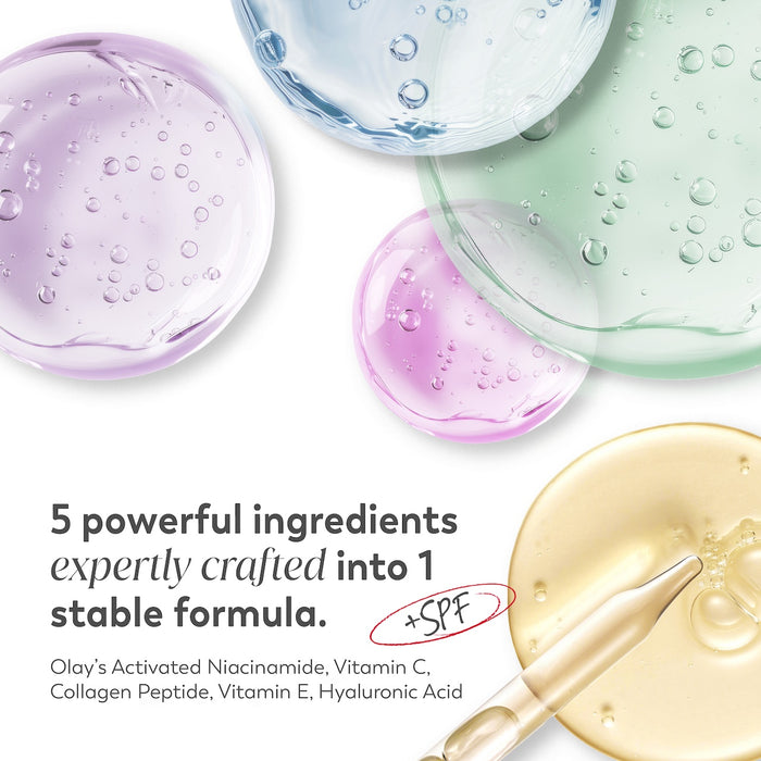 Ingredient textures. 5 potent ingredients expertly crafted in 1 stable formula. Olay's activated niacinamide, vitamin c, collagen peptide, vitamin e, Hyaluronic Acid, plus SPF