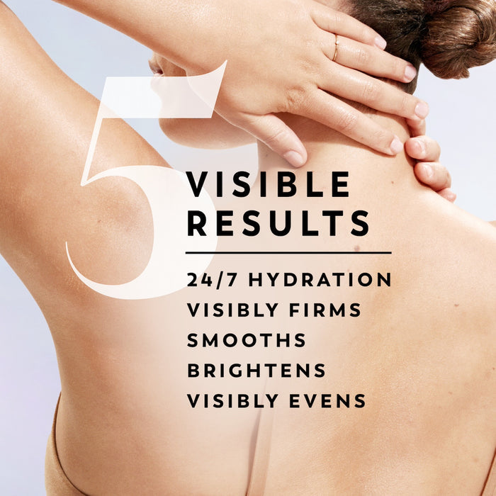 Model posing. 5 visible results. 24/7 hydration. Visibly firms. Smooths. Brightens. Visibly evens.