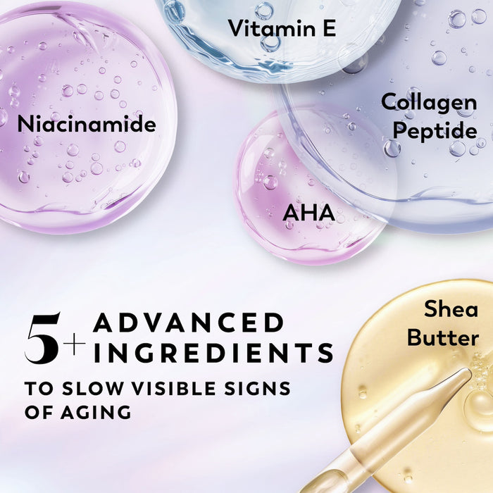 Ingredients. Niacinamide, Vitamin E, Collagen Peptide, AHA, Shea Butter. 5+ Advanced ingredients to slow visible signs of aging.