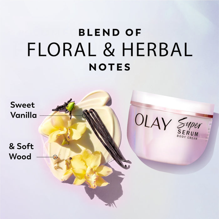 Sweet vanilla and soft wood ingredients and Olay Super Serum Body Cream jar. Blend of floral and herbal notes