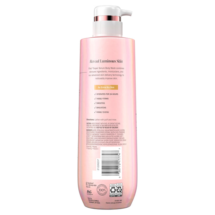 Olay Super Serum Body Wash for Extra Dry Skin bottle with pump. Back ingredients.