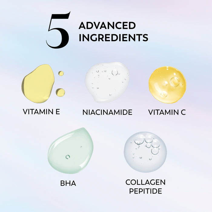 Ingredients. 5 advanced ingredients. Vitamin E, Niacinamide, Vitamin C, BHA, Collagen Peptide.