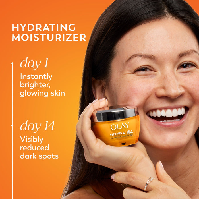 Model posing with Vitamin C MAX Lightweight Hydrating Moisturizer jar in hand. Day 1 instantly brighter, glowing skin. Day 2 visibly reduced dark spots.