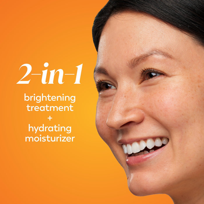 Model posing and smiling. 2 in 1 brightening treatment plus hydrating moisturizer