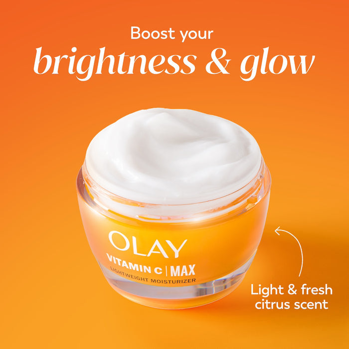 Vitamin C MAX Lightweight Hydrating Moisturizer jar. Boost your brightness and glow. Light and fresh citrus scent.