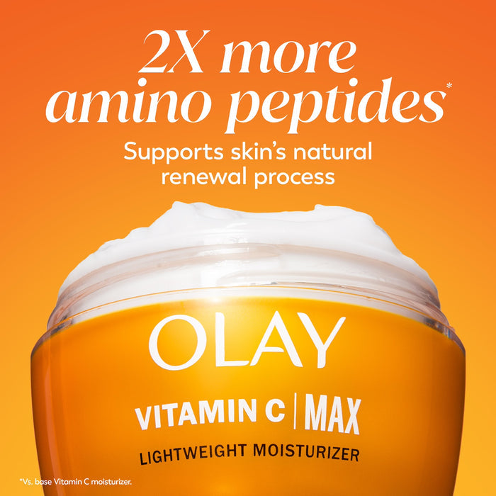 Vitamin C MAX Lightweight Hydrating Moisturizer jar. 2x more amino peptides*. Supports skin's natural renewal process. *Vs base Vitamin C moisturizer