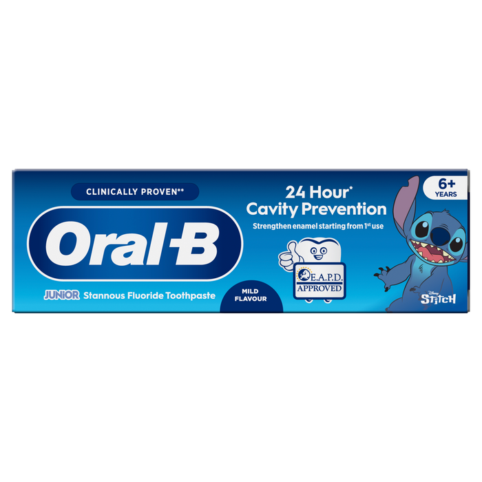 Oral-B Junior Stannous Fluoride Toothpaste packaging with Disney character on a white background