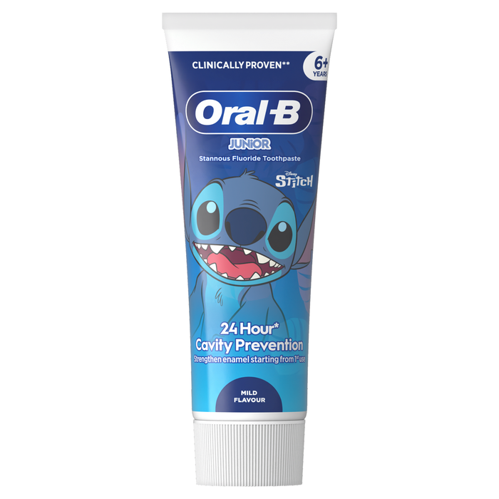 Oral-B Junior toothpaste tube with Stitch character on a white background