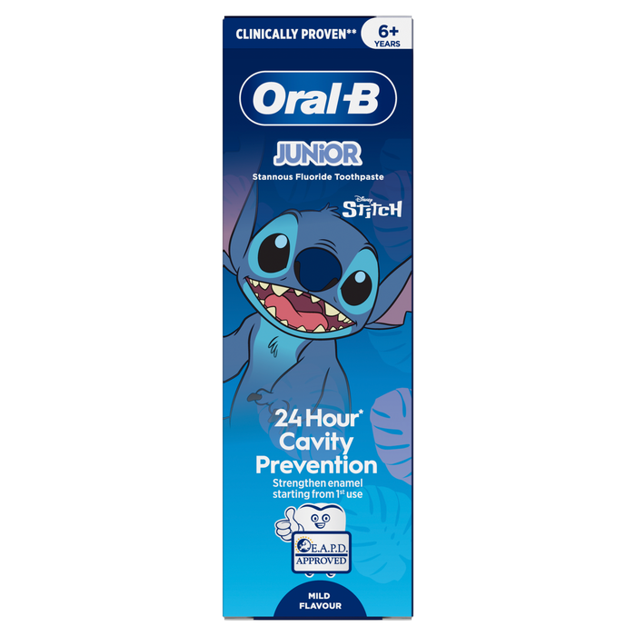 Oral-B Junior Stomach Flavour Toothpaste packaging with Stitch character on a white background