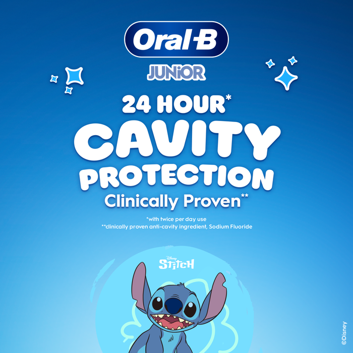 Oral-B Junior toothpaste packaging with Stitch character on a blue background