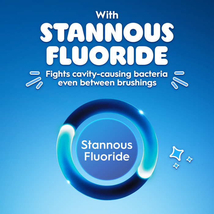Advertisement for stannous fluoride dental product with blue background and text.