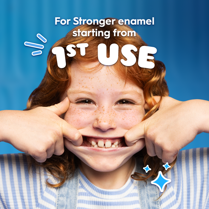 Child with hands on cheeks against a blue background with promotional text about dental care.