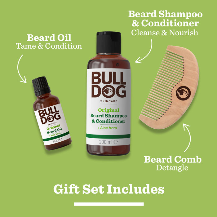 The Original Beard Care Kit includes Bulldog beard oil, beard shampoo & conditioner, and a wooden comb, all shown on a green background with text highlighting their essential use for beard grooming.