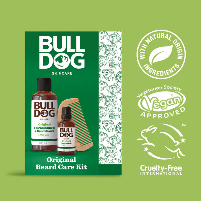 Original Beard Care Kit by BLDG Skincare includes beard shampoo, beard oil, and a wooden comb. Packaging highlights “Vegan Approved,” “Cruelty-Free,” and “Natural Origin Ingredients” for superior beard care.