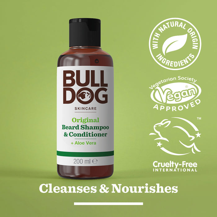 A bottle of Original Beard Shampoo and Conditioner stands on a green background, surrounded by icons for natural origin ingredients, vegan approved, cruelty-free, and Cleanses & Nourishes.