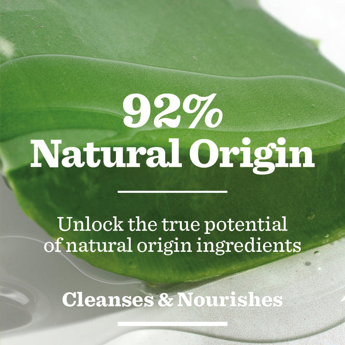 A close-up of a green aloe vera leaf with the text: 92% Natural Origin. Discover Original Beard Shampoo and Conditioner—made with natural origin ingredients to cleanse and nourish your beard.