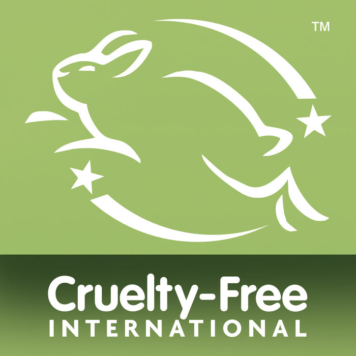 A white outline of a leaping rabbit with two stars above Cruelty-Free INTERNATIONAL in bold white on green signals cruelty-free certification—ideal for the Original Mens Grooming Bundle.