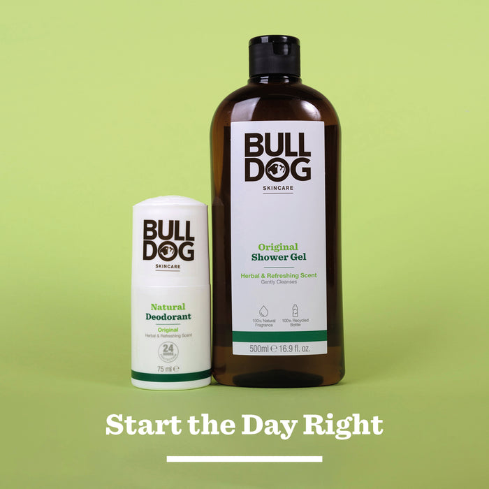 The Bulldog Original Shower Gel and deodorant sit against a light green background with Start the Day Right displayed below, showcasing natural ingredients for men.