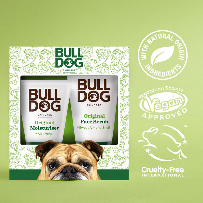 Original Skincare Duo Set with moisturiser and face scrub—perfect men's gift. Vegan, cruelty-free, and natural origin logos shown. Features bulldog illustrations and a lifelike bulldog image at the bottom.