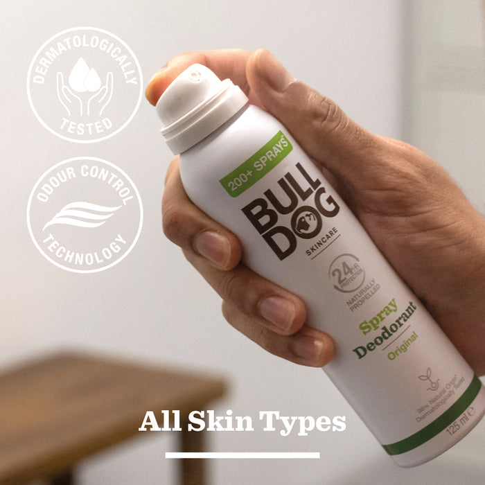 A hand holds a can from the Original Spray Deodorant Bundle, featuring “200+ sprays,” “24h protection,” and “for all skin types.” Icons highlight dermatological testing, odour control technology, and natural-origin ingredients.
