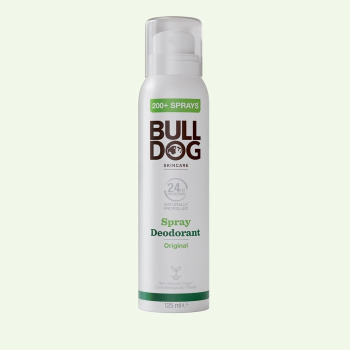 The Original Spray Deodorant comes in a white 125 ml can with green and brown text, a clear cap, offers 24-hour odour control, is vegan-friendly, and provides over 200 sprays.