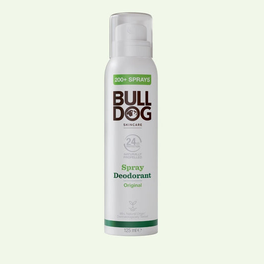 The Original Spray Deodorant comes in a white 125 ml can with green and brown text, a clear cap, offers 24-hour odour control, is vegan-friendly, and provides over 200 sprays.