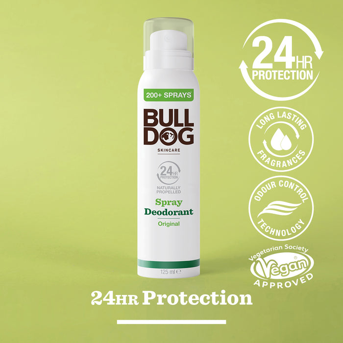A white can of Bulldog Skincare Original Spray Deodorant stands on a green background. Surrounding text highlights 24hr protection, long-lasting fragrance, odour-control technology, and vegan approval.