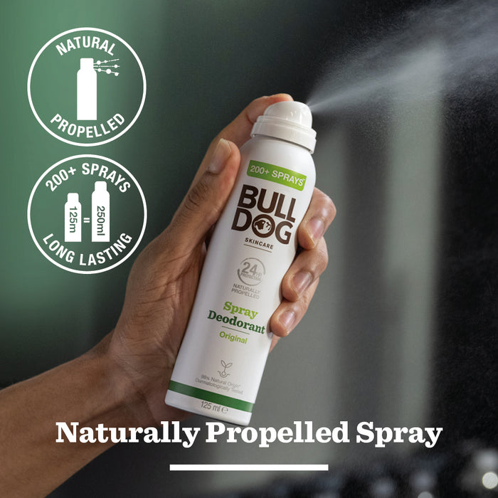 A hand sprays Original Spray Deodorant, featuring naturally propelled, long-lasting odour-control. Visible mist shows it in use. Text highlights: Naturally Propelled, 200+ Sprays, 250ml, Long Lasting.