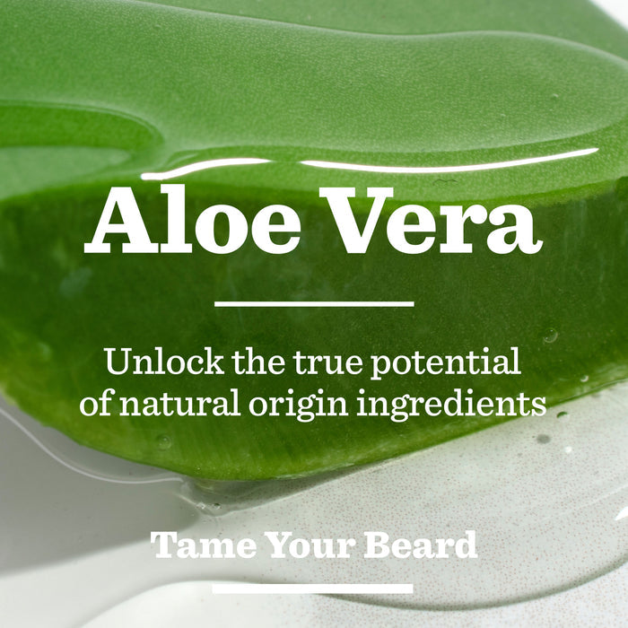 Close-up of a fresh aloe vera leaf with clear gel, overlaid with the text: Aloe Vera. Unlock the true potential of natural ingredients. Tame your beard with the Original Ultimate Beard Care Kit from Bulldog Skincare.