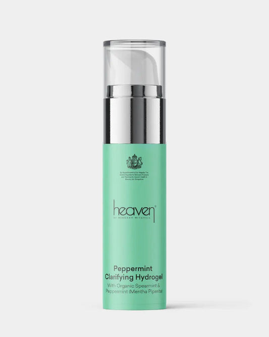 Green Peppermint clarifying hydrogel skincare bottle with silver cap on a white background
