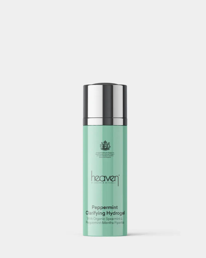 Small peppermint clarifying hydrrogel in green bottle with white background.