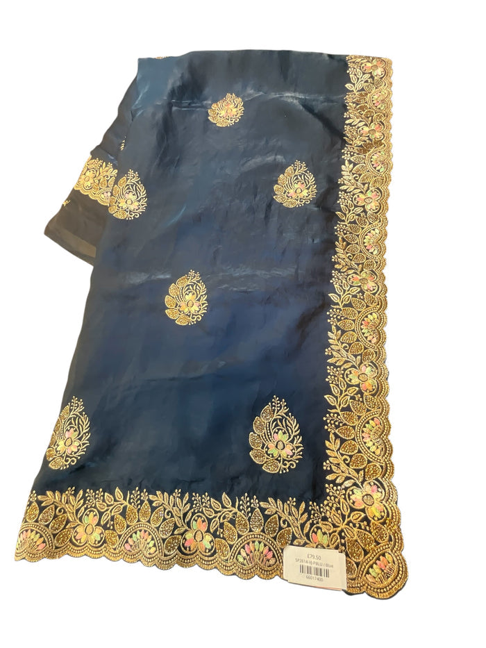 Petrol Blue - Saree with Thread / Stone Work and Blouse Piece - UK stock - 24hr Dispatch - SP2614 VJ