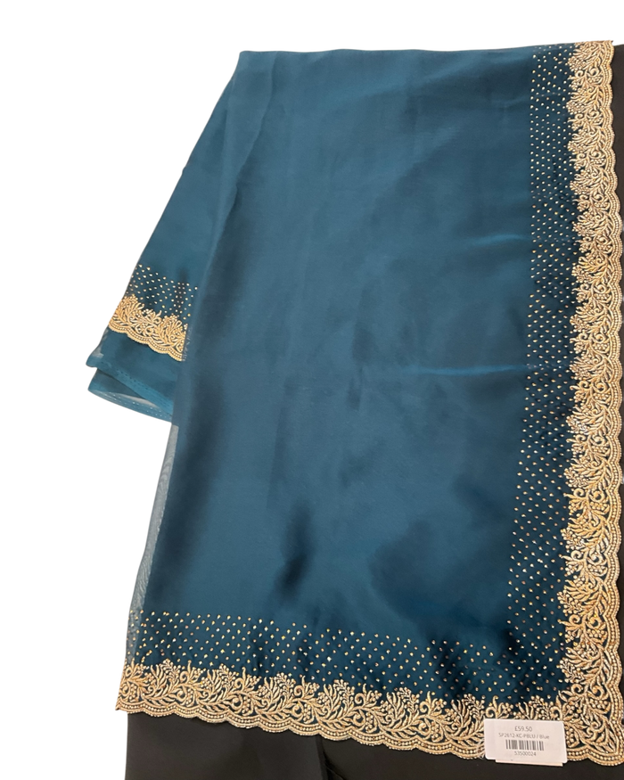 Petrol Blue - Saree with Thread / Stone Work and Blouse Piece - UK stock - 24hr Dispatch - SP2612 KR