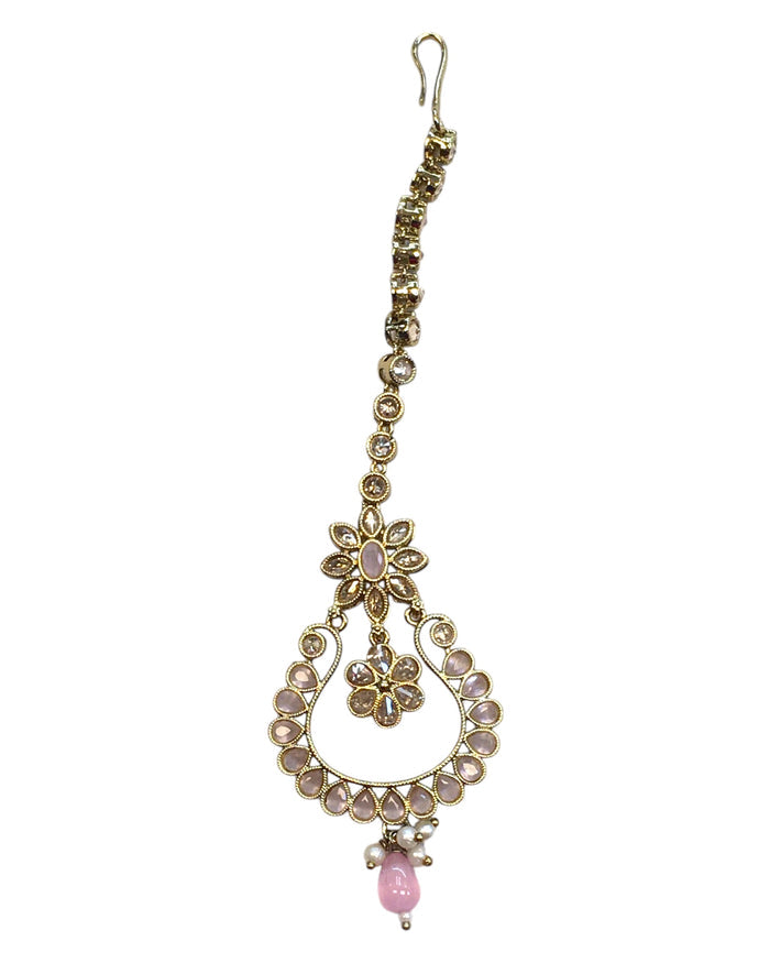 Pink - Antique Gold Finish Large Size Tika Head Piece - Indian Ladies Fashion Jewellery - AE2440 11T24